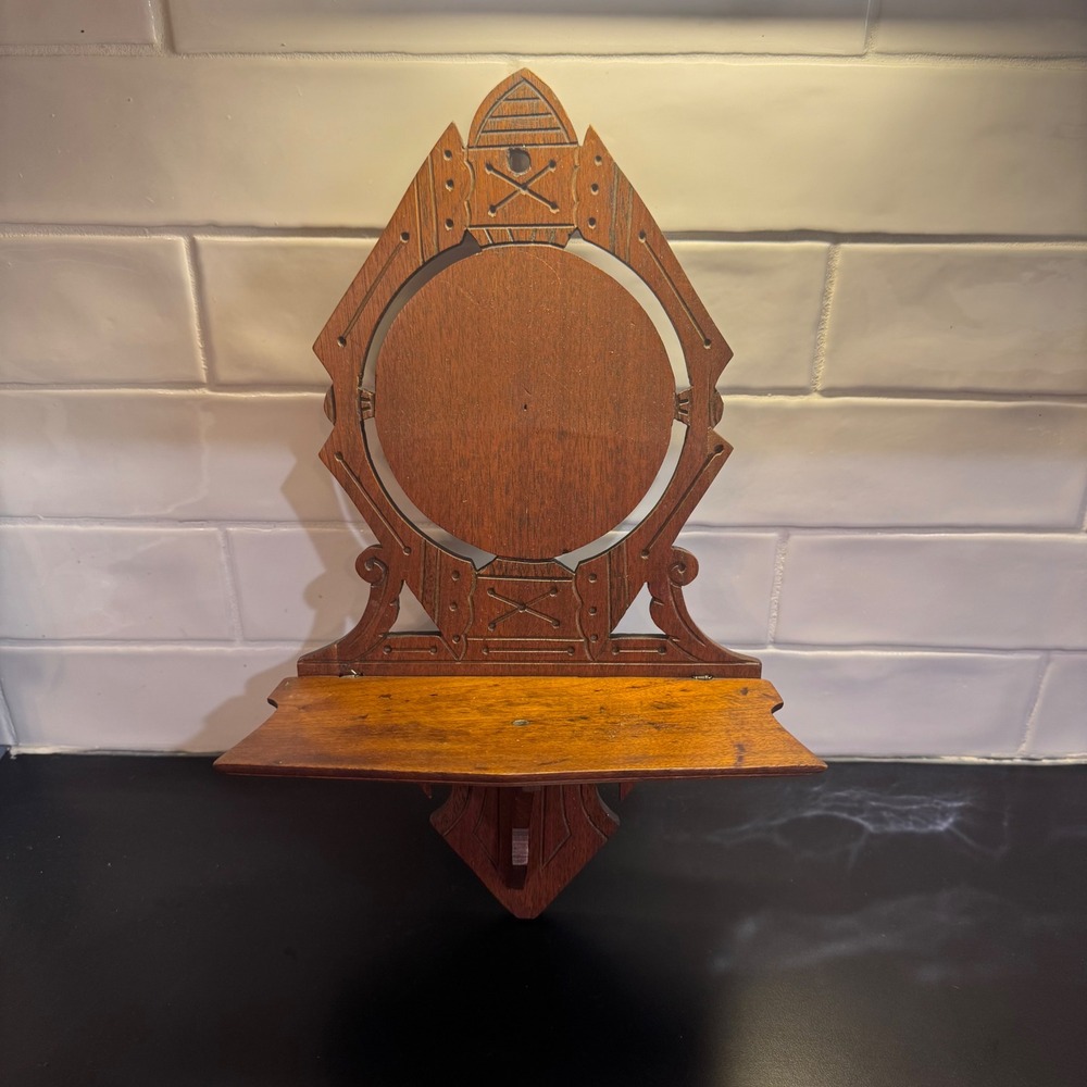 Vintage Wall Shelf Home Decor 12.5in Brown Hand Carved Fretwork Wood Antique